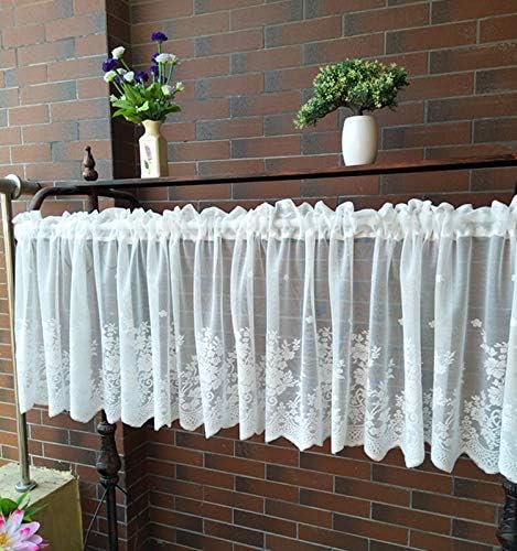 Molaxhome White Lace Valances for Windows 51x16inch, Lace Floral Embroidered Semi Sheer Curtain for Kitchen Cafe Dinning Bath Room 1 Pcs (White)...