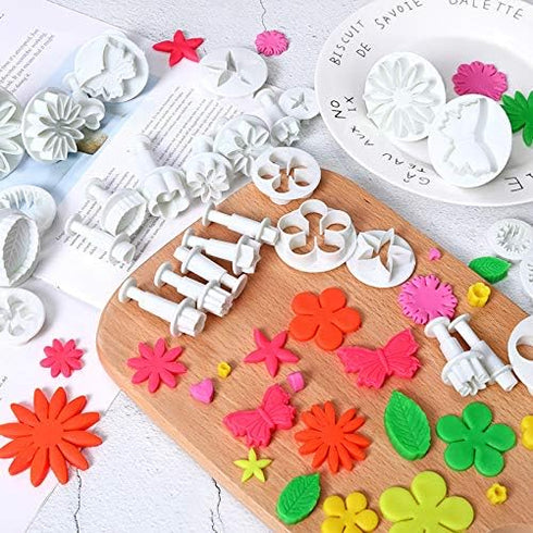 33 Pcs Fondant Cake Cookie Plunger Cutter Fondant Cake Cutter Mold Sugar craft Flower Leaf Butterfly Heart Shape Decorating Mold DIY Tools...