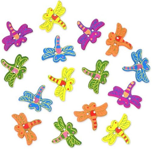 Wood Painted Dragonfly Shaped Craft Buttons 15 Count - 1 Inch Across...