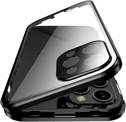 HENGHUI Lockable iPhone 15 Pro Max Magnetic Case Glass Case with Camera Lens Protector Screen Protector Safety Lock 360 Full Body Double Sided Gla...