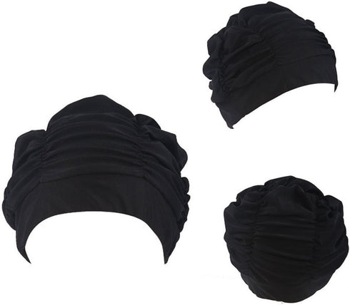 Women Ladies Pleated Cloth Fabric Swimming Hat Swim Hat Cap Bathing Cap Black...