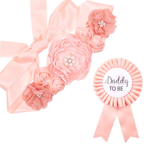 Blush Peach Maternity Sash & Dad to be Corsage Kit - Baby Shower Sash Baby Boy Pregnancy Sash Keepsake Baby Shower Flower Belly Belt...