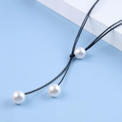 Boho Long Leather Necklace Pearl Y Drop Necklace Black Leather Wrap Choker Necklace Gothic Tie Up Necklace Chain Jewelry for Women and Girls...