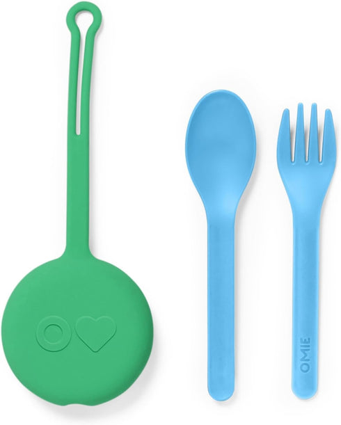 Omie OmieBox Kids Utensils Set with Case - 2 Piece Plastic, Reusable Fork and Spoon Silverware with Pod for Kids (Mint Green)...