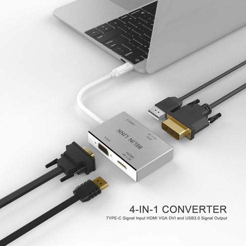 USB C to HDMI DVI VGA USB 3.0 Adapter,USB 3.1 Type-C 4in1 Hub to HDMI DVI 4K VGA USB Adaptor Converter (Thunderbolt 3 Compatible), USB-C Adapter f...