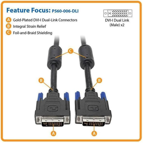 Tripp Lite DVI-I Dual Link Digital and Analog Monitor Cable (DVI-I M/M), 2560 x 1600, 6-ft.(P560-006-DLI),Black...
