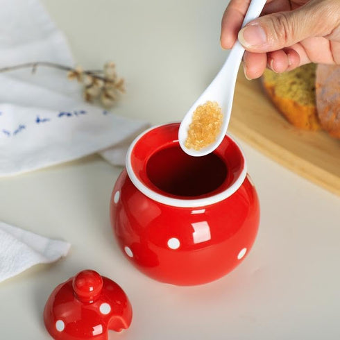123Arts Ceramics Dot Sugar Salt Pepper Storage Jar Seasoning Pot with Lid And Spoon...