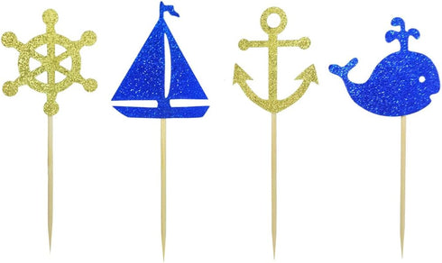 Morndew 24 PCS Anchor Boat Rudder Whale Sailboat Cupcake Toppers for Ocean Sailing Theme Party Birthday party Baby Shower Wedding Party Decoration...