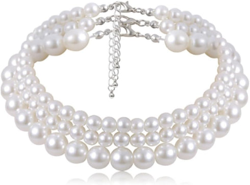 3PCS Multi-Layer Simulated Pearl Choker Necklace Multi-Strand Pearl Statement Bridal Choker Necklace 1920s Pearl Jewelry for Wedding Party 20s Fla...