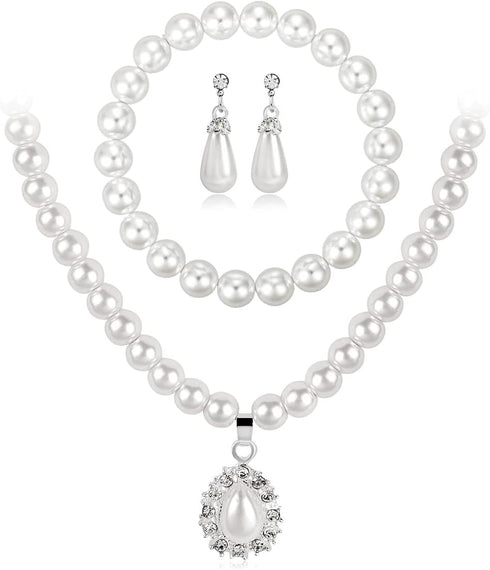 Pearl Necklace and Earring Set, Wedding Pearl Jewelry Sets for Bride Bridesmaid Women...
