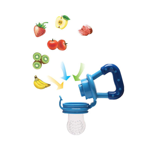 Food Feeder Baby Fruit Pacifier (3 Pcs) with 6 Different Sized Silicone Pacifiers 2 PCS Dispensing Spoon 90ML Spoons Clip Infant Teething Toy -Blu...