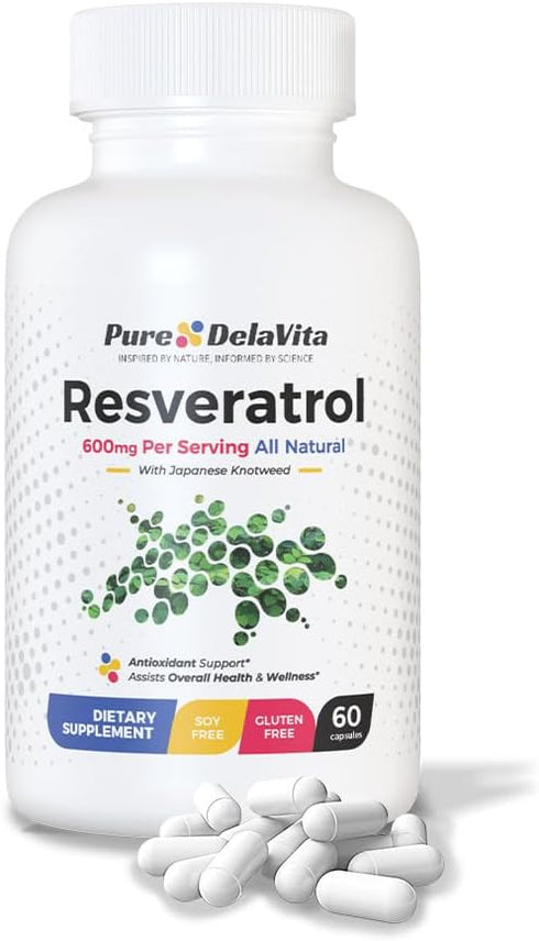 Resveratrol Supplement with Antioxidants, Anti Aging, Heart & Immune Health 600mg per Serving, 60 Capsules, Japanese Knotweed, Gluten & Soy Free...