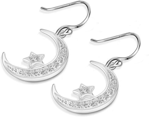 Sterling Silver Round Cubic Zirconia Crescent Moon & Star Dangle Earrings Star Jewelry for Women Mom...