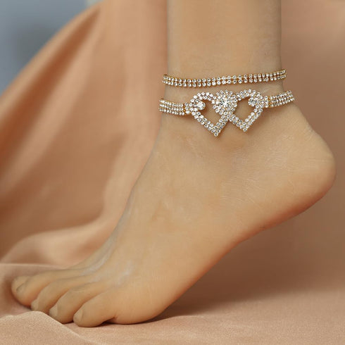 Silver Full Rhinestone Love Heart Anklets, Adjustable Double Layer Statement Anklets, Fashionable Beach Vacation Jewelry Gifts for Women Teen Girl...