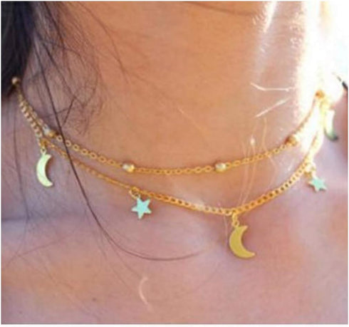 Olbye Moon Star Necklace Layered Satellite Necklace Choker Double Chain Gold Necklace for Women and Girls...