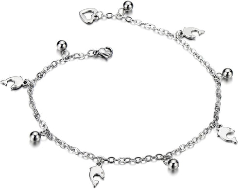 COOLSTEELANDBEYOND Stainless Steel Anklet Bracelet with Dangling Charms of Dolphins and Beads...