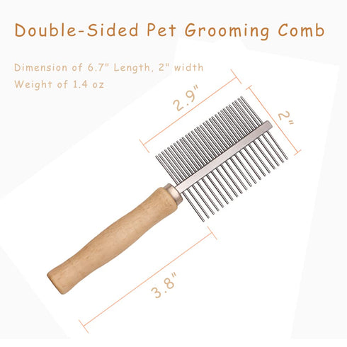 Dog Cat Pet Comb Double-Sided Grooming Brush Metal Comb for Loosening up Removing Mats Debris Tangles and Knots Wooden Handle Stainless Steel Toot...