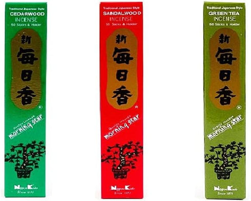 nippon kodo Morning Star Incense Bundle of 3 x 50 Sticks Boxes (Cedarwood, Sandalwood, Green Tea) - Premium Incense Sticks - Traditional Japanese ...