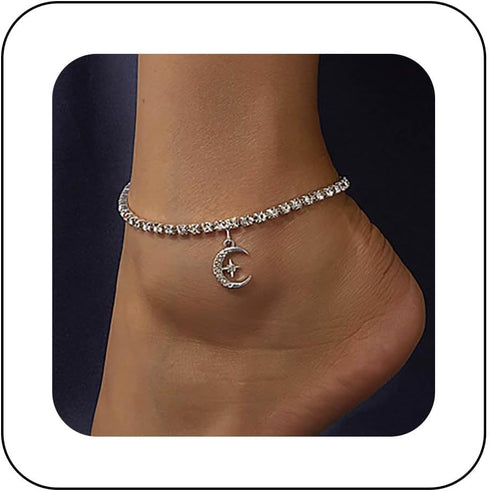 Boho Moon Star Anklet Bracelet Vintage Crystal Moon Ankle Bracelet CZ Tennis Chain Ankle Chain Bracelet Personalized Star Foot Chain Jewelry for W...