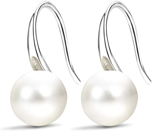 FIFATA Fashion Silver Pearl Earrings for Women 8-8.5mm Classical Drop Dangle Earrings Jewelry...