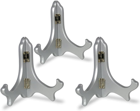 BANBERRY DESIGNS Silver Display Stands - Set of 3 Metallic Silver 5" Wood Easels - Plate Stand Holder - Silver Wedding Decorations - Place Card Ho...