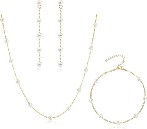 Dainty Pearl Jewelry Set for Women Bridal Faux Pearl Choker Necklace Small Pearl Bracelet Long Pearl Earrings...