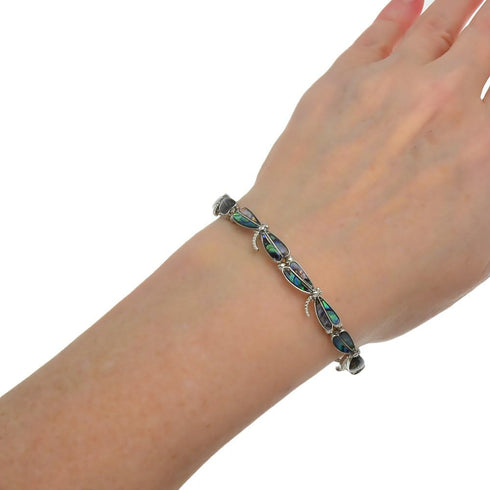 Thin Dragonfly Abalone Silvertone Stretch Bracelet...