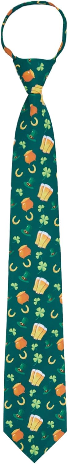 Jacob Alexander Men's Happy Saint Patrick's Day Lucky Drink Clover Hat Gold Pot Horseshoe Pre-Tied Zipper Neck Tie Green...