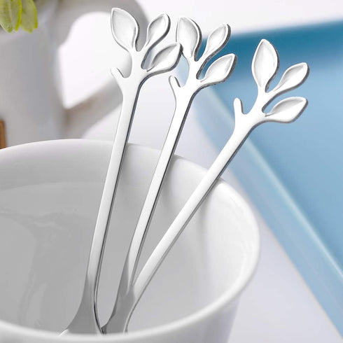 AnSaw 8-Piece Silver 4.7" Leaf Handle Mini Spoons & Forks - Perfect for Coffee, Desserts, Tea, Appetizers | Elegant Stainless Steel Cutlery Set fo...