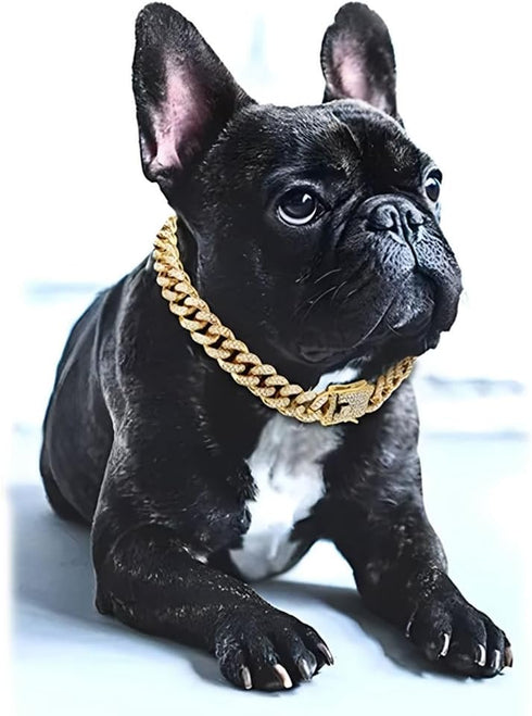 Dog Chain Collars, Diamond Necklace Metal Choke Cuban Link Dog Collar, 13mm Wide Pet Jewelry for Puppy Small Medium Large Dogs Cats Gold (14inch)...