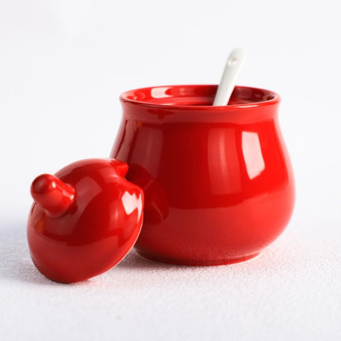 FUYU Ceramic Sugar Bowl Spice Jar with Lid and Spoon Seasoning Box Condiment Pot...