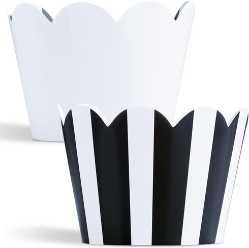 Black and White Striped Cupcake Wrappers, 50 Count - Reversible White Design, Scalloped Black and White Cupcake Wrappers for Parties and Events...