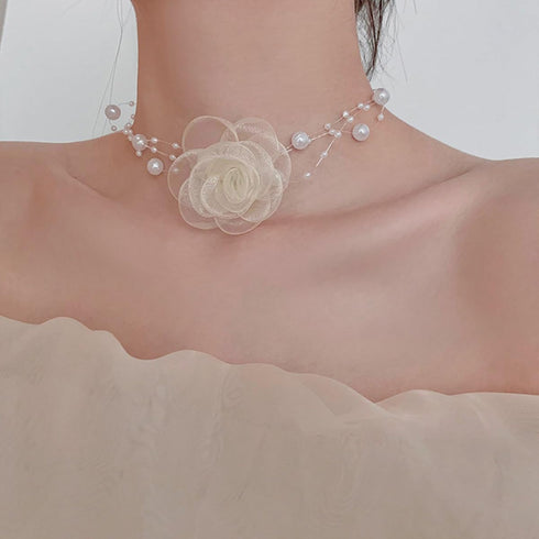 FUTIMELY Rose Flower Pearl Choker Necklace for Women Teen Girls,Vintage Layered White Fabric Foral Rosette Necklace Artificial Gentle Bride Weddin...