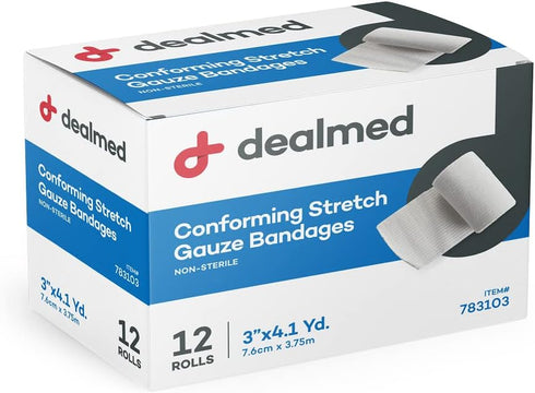 Dealmed 3" Non-Sterile Conforming Stretch Gauze Bandages, 4.1 Yards Latex Free Stretched Dressing Wrap, Medical Non-Adherent Wound Care Mesh Banda...