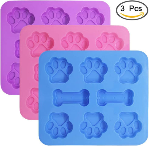 3 Pcs Silicone Molds Puppy Dog Paw & Bone Shaped 2 in 1, 8-Cavity, FineGood Reusable Ice Candy Trays Chocolate Cookies Baking Pans, Oven Microwave...
