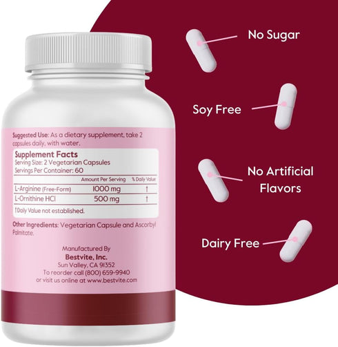 BESTVITE L-Arginine L-Ornithine 500-250 (120 Vegetarian Capsules) - No Stearates - No Fillers - Vegan - Non GMO - Gluten Free - No Calcium Silicat...