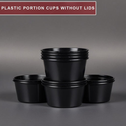 50 Pack 4oz Portion Cups plastic containers disposable small tiny dipping shot Black food serving sauce 4 ounce oz mini bowls individual dessert j...