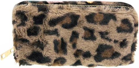 Women Fluffy Leopard Print Fluffy Wallet Bag Faux Fur Plush Tie Dye Rainbow Zipper Purse Coins Card Holder Organizer...