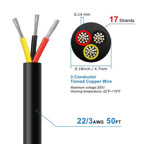 22 Gauge 3 Conductor Electrical Wire, 50FT 22AWG Black PVC Stranded Tinned Copper 3 Wire Cable, 22/3 Cord Extension Cable...