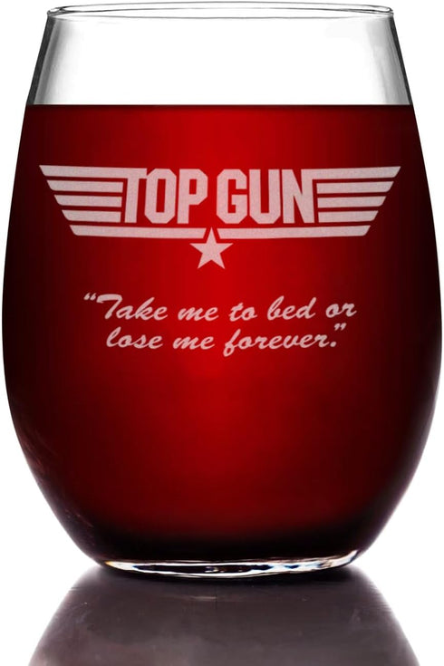 Top Gun Etched Stemless Wine Glass - with Logo & Quote "Take me to bed" - Officially Licensed, Premium Quality, Handcrafted Glassware, 15oz., Perf...