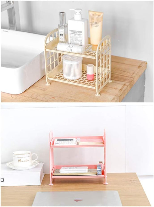 UnnFiko 2-Layers Table Shelf Organizer, Adjustable Plastic Storage Rack Shelf Square Basket Desk Stand Table Storage Organizer Shelves (Green)...
