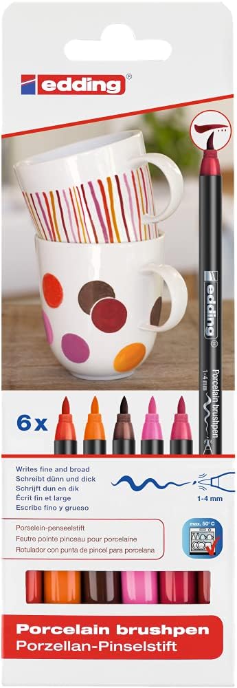 edding 4200 porcelain brush pen - 3x red, orange, brown, pink - 6 pens - brush nib 1-4 mm - felt-nib pen for painting and decorating ceramics, por...
