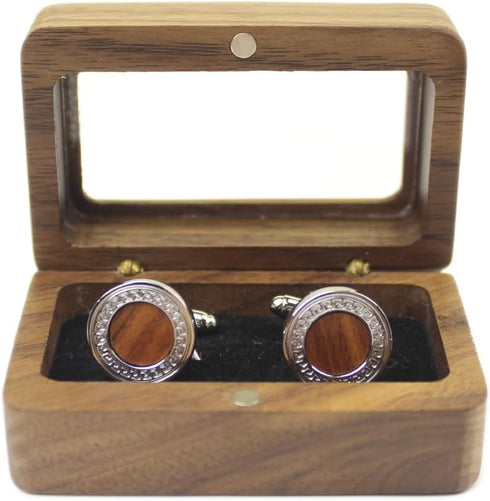 Rustic Black Walnut Wooden Round Cufflinks Tie Clips With Organizer Box for Men...