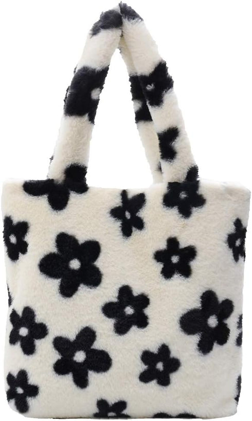 Plush Underarm Bag, Ladies Fluffy Shoulder Bag, Women Furry Flower Tote Bag Y2K Plush Handbag for Autumn and Winter...
