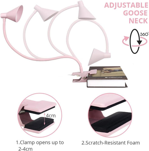 Desk Clip Reading Light, 3 Light Modes 10 Dimmable Brightness, Eye-Caring Bedroom Bedside Lamp, Flexible Neck Clamp Lamp?Pink?...