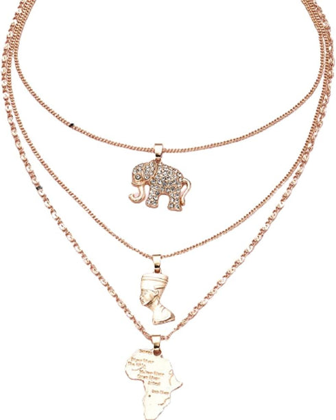 COLORFUL BLING 3 Layered Africa Map Choker Necklace Crystal Elephant Layered Pendant Necklace Chains Gold Gothic Egyptian Queen Beach Adjustable J...