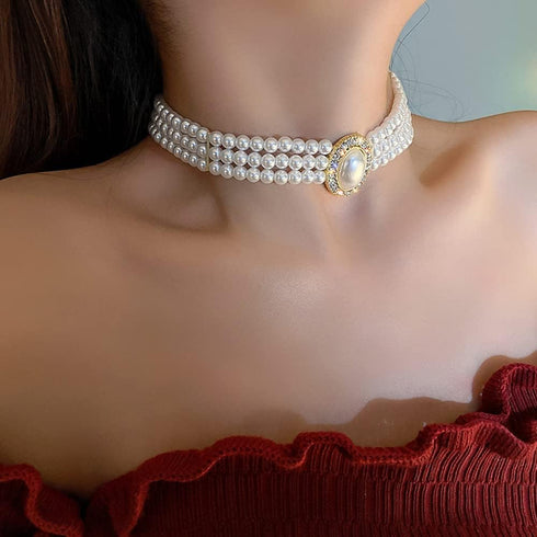 fxmimior Boho 3 Tier Pearl Rhinestones Gold Shiny Choker Necklaces Dainty Rhinestones Pearls Chunky Short 1920s Choker Necklace Chain Multilayer C...