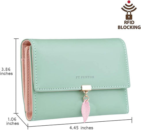FT FUNTOR RFID Wallets for Women, Leaf Card Holder Trifold Ladies Wallets Coins Zipper Pocket with ID Window Green...