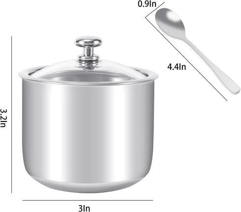 Stainless Steel Sugar Bowl with Clear Lid(for better recognition) and Spoon, Polished Shiny Condiment Pots for Serving Sugar Pepper Salt Spice- 10...