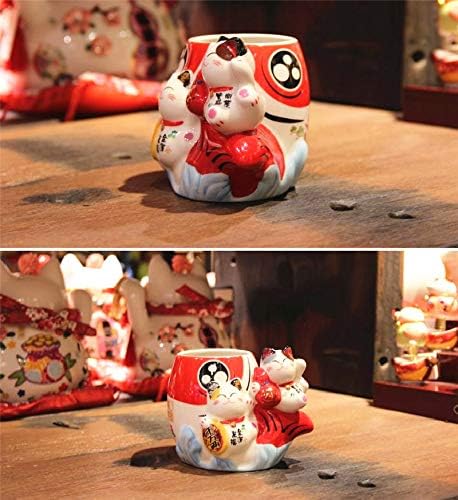 EatingBiting Fortune Japanese Lucky Beckoning Cats Maneki Neko Flower Pot Vase Pen Holder,Pair Cat set on fish,Ceramic Pencil Holder for Organizer...